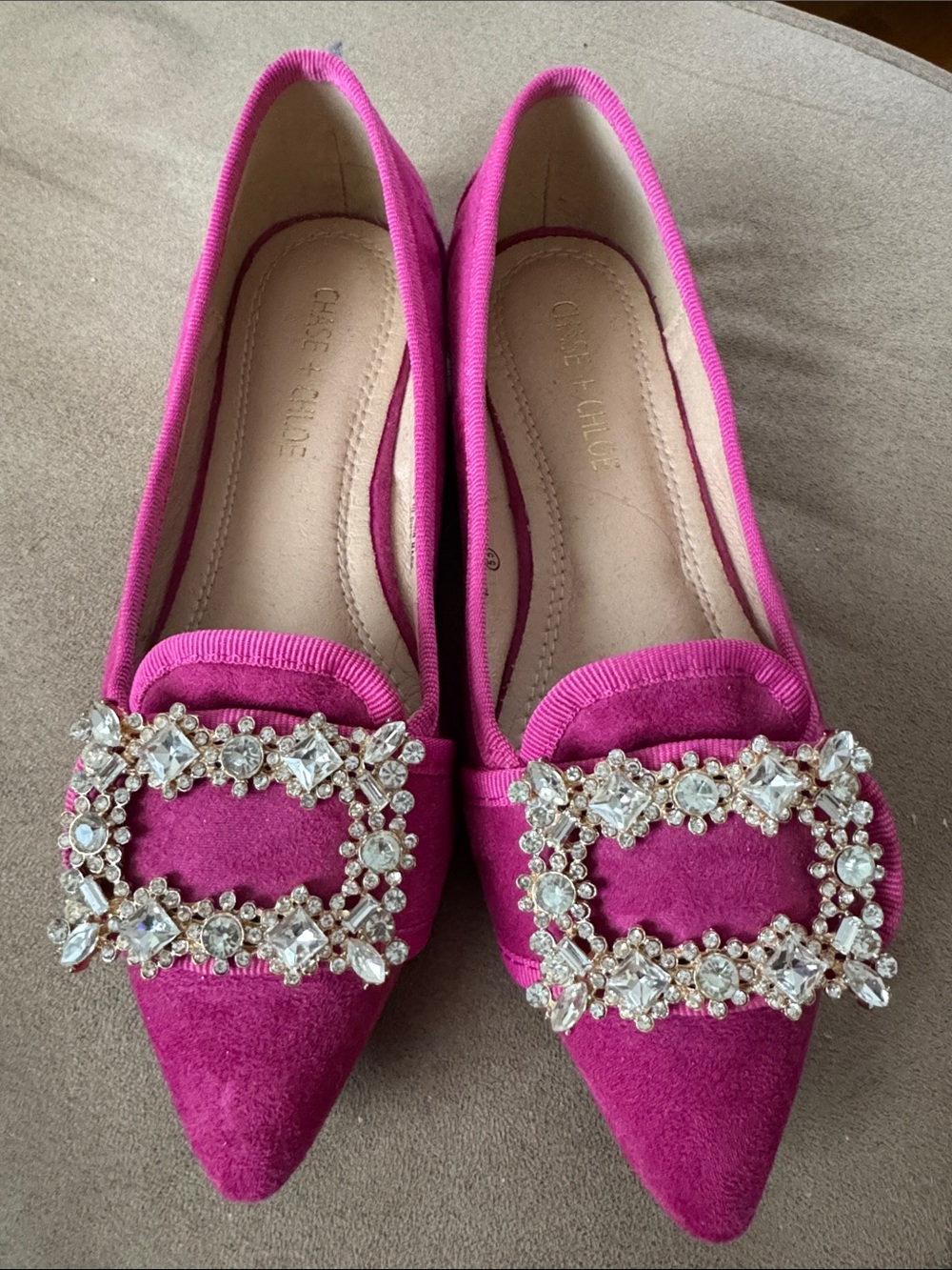 Chase + Chloe Fuchsia Pointed-Toe Flats with Crystal Buckles